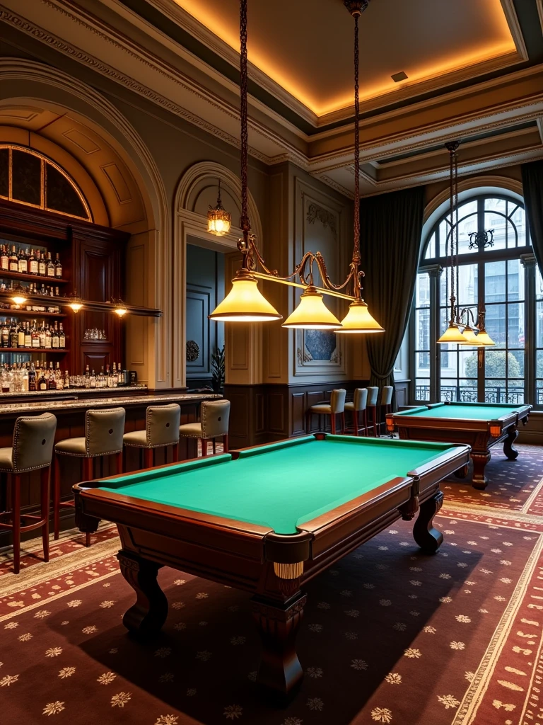 A billiard club having 5 billiard tables and beautiful cafe bar inside, beautiful interior of hall