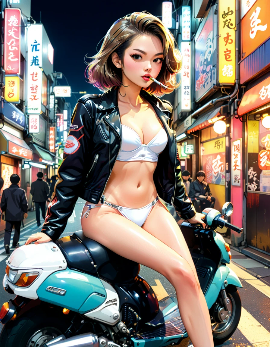 By Mitch O'Connell, by Chris Cooper aka Coop, Japanese girl on motor scooter, leather jacket, white panties, downtown Tokyo, at night, neon lights, smoking, poster style, comic book style, retro, bright colors, hard lines,
