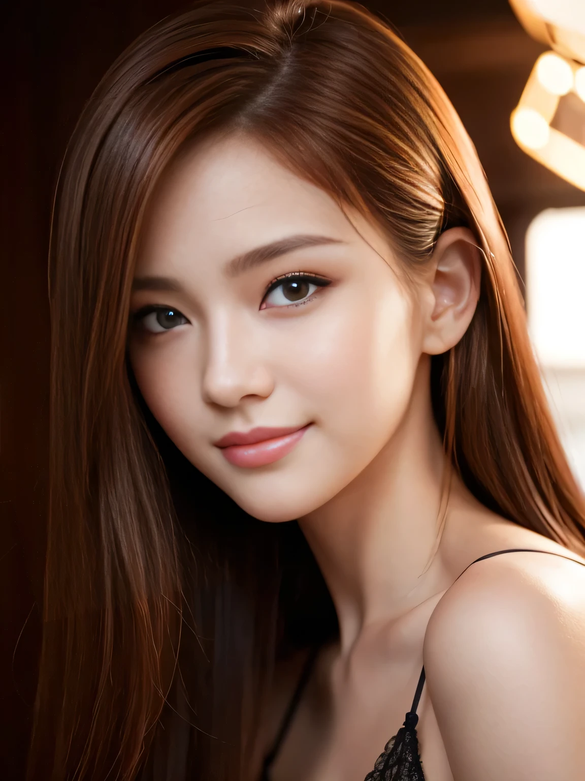 masterpiece, best quality, ultra-detailed, intricately detailed hyperdetailed, realistic, sharp features, highly detailed, sharp focus, Realistic, Photorealistic:1.3, (19 years old:1.3), perfect face, perfect symmetrically eyes, perfect full lips, hyper detailed, hyper realistic, high resolution, beautiful young Japanese woman, Slender, brown hair, Stylish, model poses, Beautiful Face, Red hair, Beautiful hairstyle, (seductive smile:1.2), (looking at viewer), cinematic lighting, 
