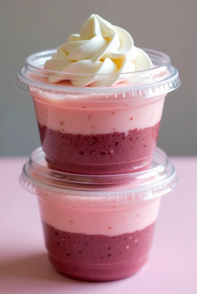 Clear plastic dessert container, It has two levels of guava cream inside., first layer is pink, second layer of burgundy color and white meringue decoration.