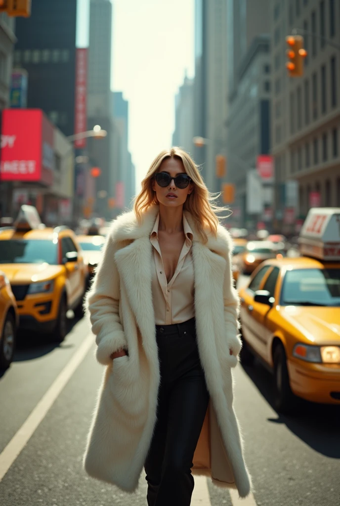 a blonde model walking under a new york taxi wearing a white fur coat, sunglasses, traffic is chaos and she is in downtown new york