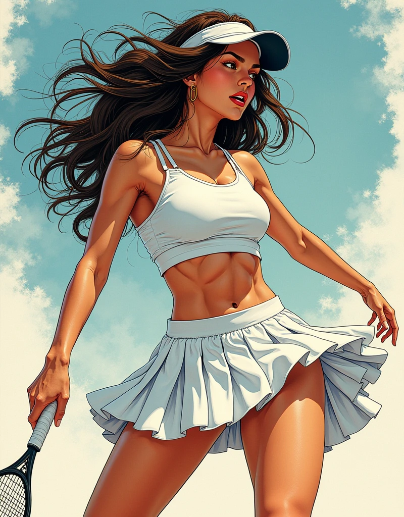 In a color comic book by Kentaro Miura, “Brazilian 1Girl” is captured in mid-action wearing a stylish tennis outfit that matches her style, consisting of a snug, form-fitting top and a short, flared skirt that accentuate her athletic physique, with her dynamic pose and graceful movement brought to life through Miura's signature highly detailed and intricate line work, dramatic shading, and intense, expressive style, emphasizing her curves and adding a powerful, ethereal quality ((more detail, enhanced))