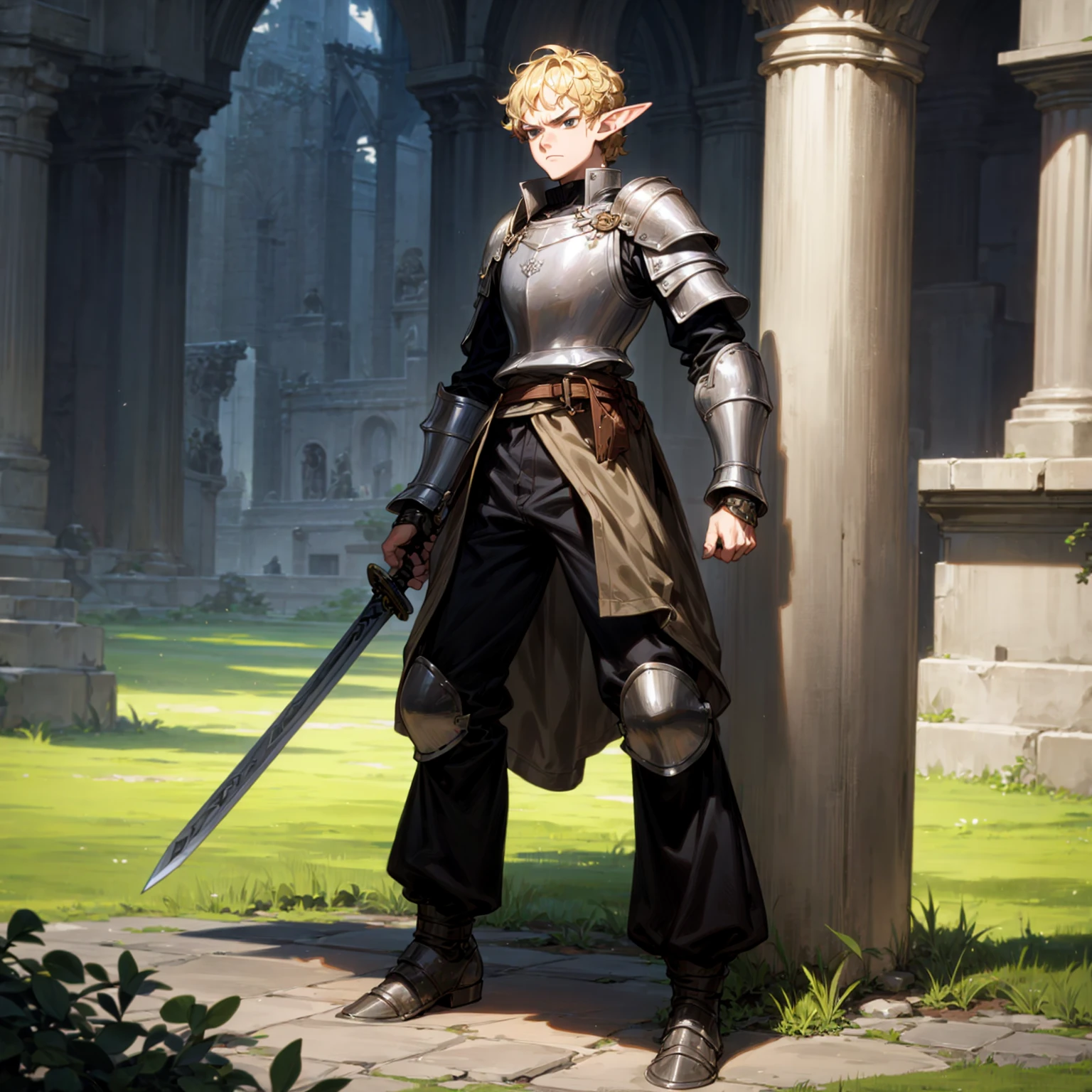 Solo character, full body version, young man, tall height, (elf), black eyes, blonde color hair, Curly haircut, soldier knight clothing, heavy armored, long pants, boots, outdoor, town, medieval, standing gesture, detailed background, detailed clothing, detailed hair, (one piece style art), sword in hand, angry eyes