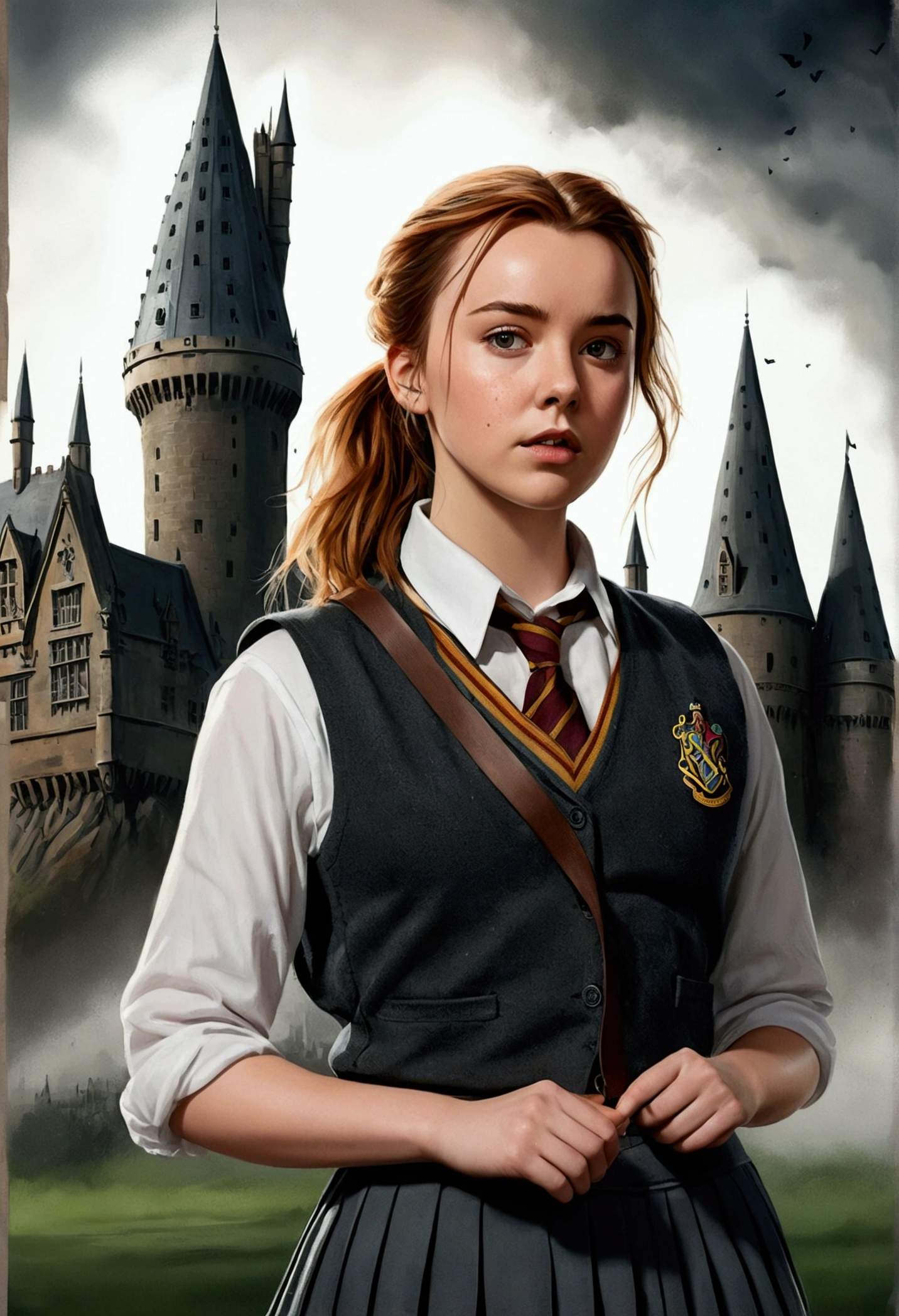 An illustrated movie poster, hand-drawn, full color, a female Hogwarts student, 18 years old, wearing a charcoal vest and a pleated skirt, athletic hourglass figure, auburn hair, messy ponytail, flushed sun-kissed complexion, freckles, resembles Jodie Comer, standing in front of Hogwarts Castle, surrounded by mist, graphite shading, stencil marks, airbrushed acrylic paint, masterpiece, in the Deathly Hallows