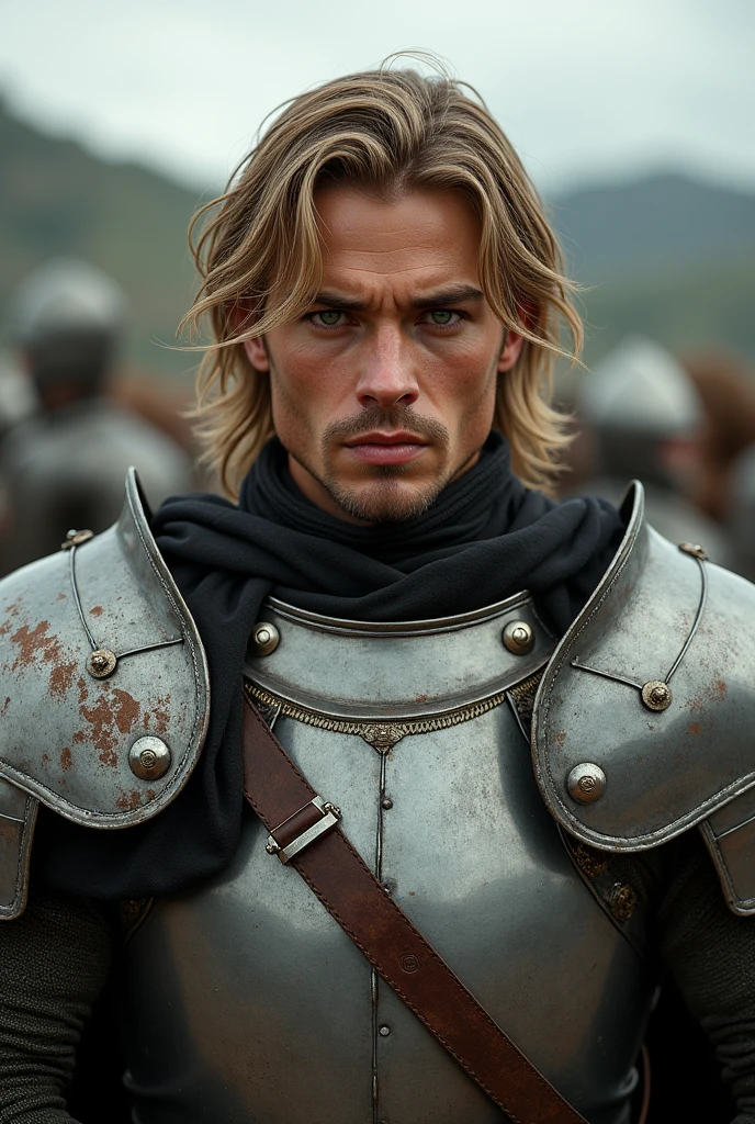 22 year old Italian man, medium blond hair and intense green eyes. Wearing medieval steel armor
