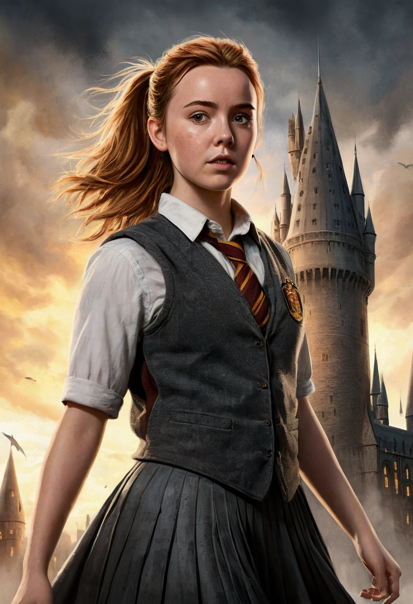 An illustrated movie poster, hand-drawn, full color, a female Hogwarts student, 18 years old, wearing a charcoal vest and a pleated skirt, athletic hourglass figure, auburn hair, messy ponytail, flushed sun-kissed complexion, freckles, resembles Jodie Comer, standing in front of Hogwarts Castle, surrounded by mist, graphite shading, stencil marks, airbrushed acrylic paint, masterpiece, in the Deathly Hallows