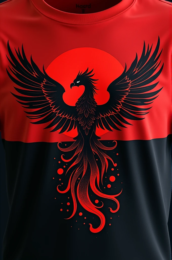 Half red and black t-shirt with a phoenix on the chest
