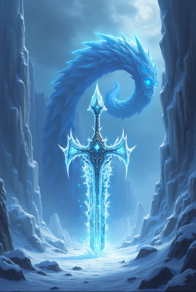 A Cryo Claymore, entrance of a frozen Dragonspine dungeon, icy claymore. a massive ice white serpent with glowing blue eyes in the background. The background features jagged ice formations and a stormy, snow-filled sky. Cold blue light highlights, with glowing Cryo crystals adding a magical effect. genshin style, splash art, white background, cryo, art. don't take all the picture.