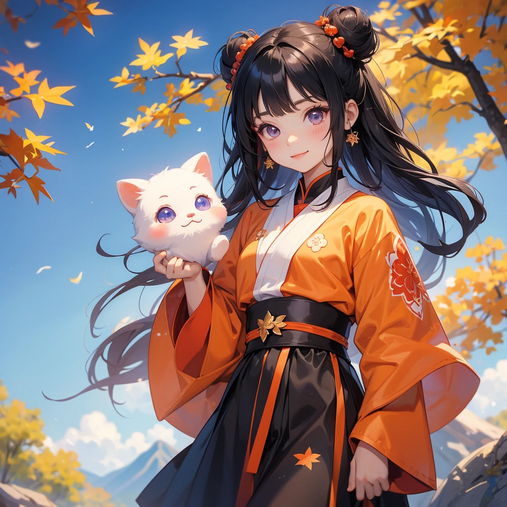 A chibi child girl had a small face and Wearing violet little Taoist priest's outfit. A pair of big round eyes shone with curiosity about him. This child was so cute, The backdrop is a mountain that turns orange-red in spring, and maple leaves fall from the trees.
her hair is black with two buns on her hair.small chibi, chibi baby, smiling ,Chibi.