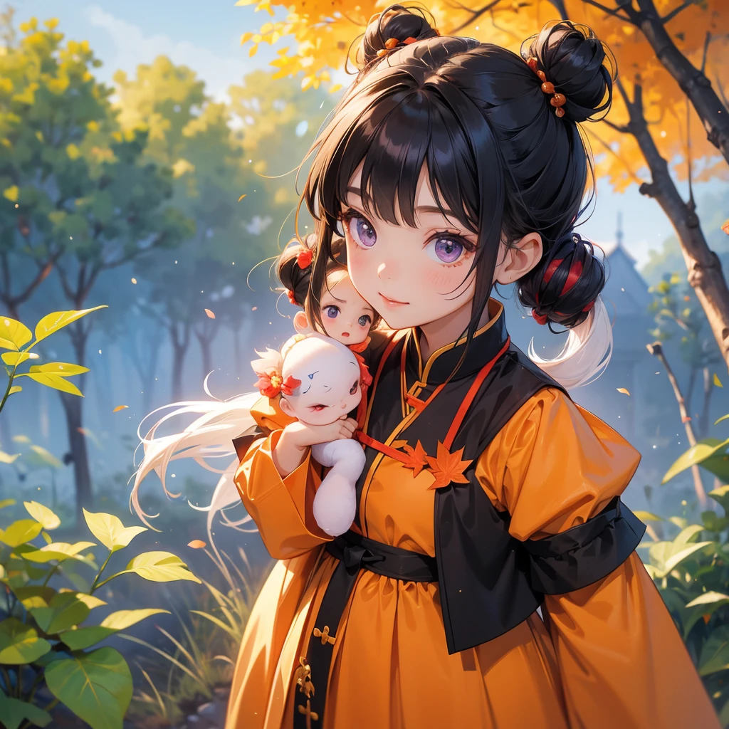 A chibi child girl had a small face and Wearing violet little Taoist priest's outfit. A pair of big round eyes shone with curiosity about him. This child was so cute, The backdrop is a mountain that turns orange-red in spring, and maple leaves fall from the trees.
her hair is black with two buns on her hair.small chibi, chibi baby, smiling ,Chibi.