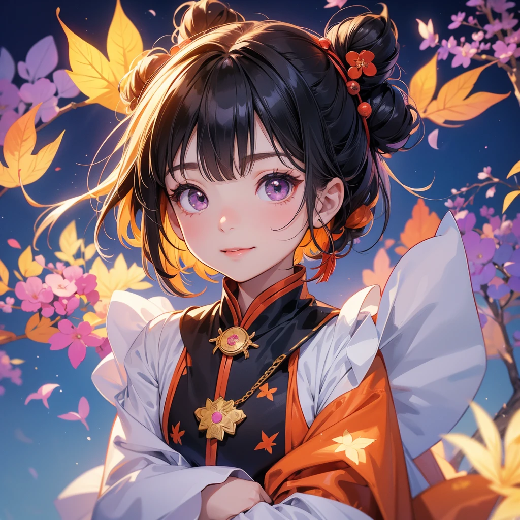 A chibi child girl had a small face and Wearing violet little Taoist priest's outfit. A pair of big round eyes shone with curiosity about him. This child was so cute, The backdrop is a mountain that turns orange-red in spring, and maple leaves fall from the trees.
her hair is black with two buns on her hair.small chibi, chibi baby, smiling ,Chibi.