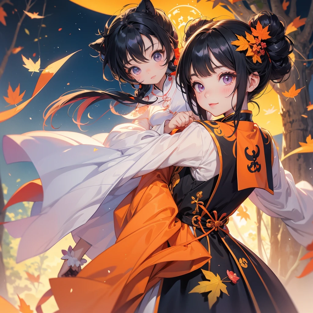 A chibi child girl had a small face and Wearing violet little Taoist priest's outfit. A pair of big round eyes shone with curiosity about him. This child was so cute, The backdrop is a mountain that turns orange-red in spring, and maple leaves fall from the trees.
her hair is black with two buns on her hair.small chibi, chibi baby, smiling ,Chibi.