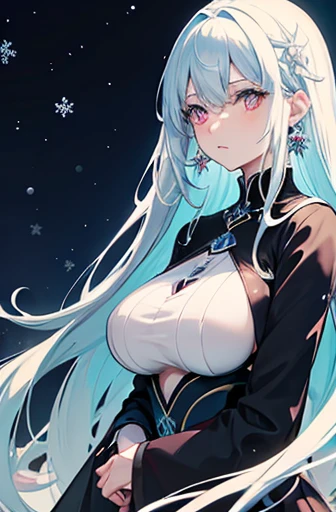 Anime, woman, long hair, pale blue hair, pink eyes, gently, earrings, big boob, wearing a black dress, beautiful, elegant, pure, fantasy, ice, snowflake, snow land, cool, noble,