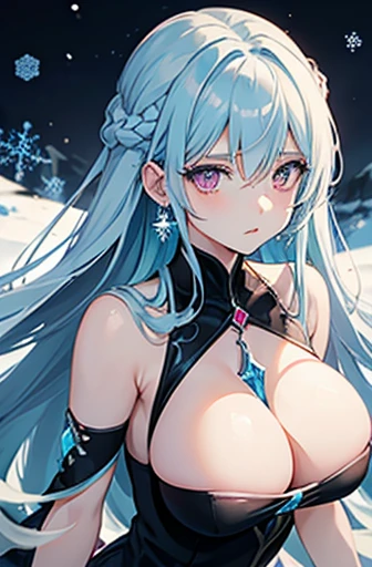 Anime, woman, long hair, pale blue hair, pink eyes, gently, earrings, big boob, wearing a black dress, beautiful, elegant, pure, fantasy, ice, snowflake, snow land, cool, noble,