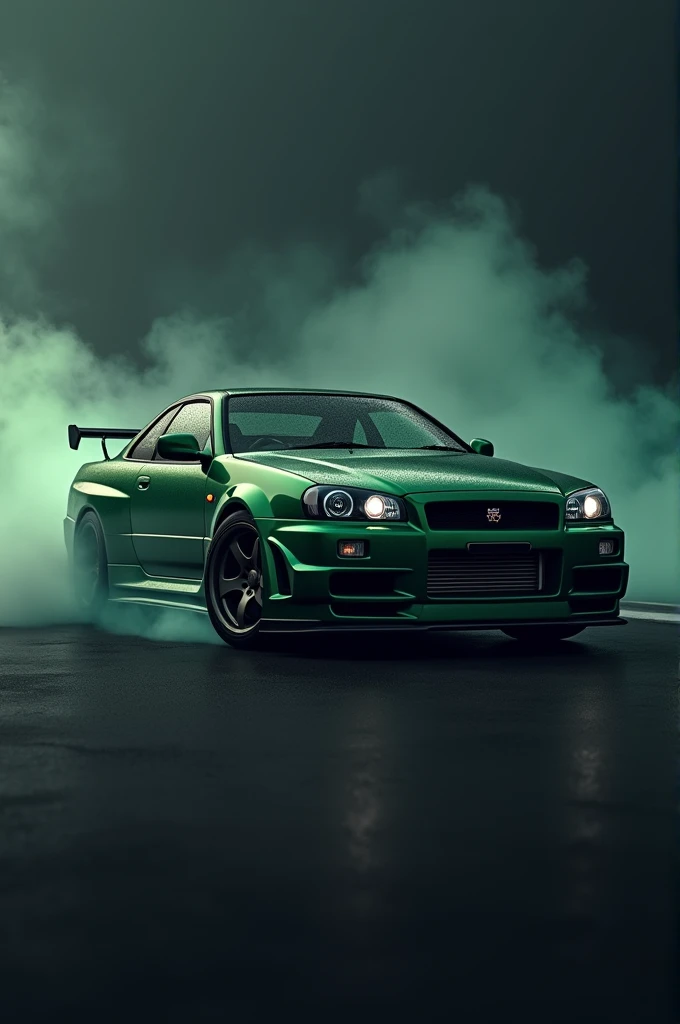 Green gtr R34 in black background with smoke