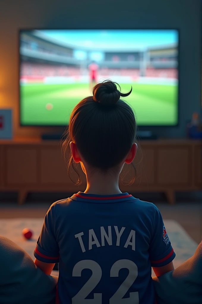 An 18 years old short haired girl with a ponytail girl wearing a jersey named Tanya 22 watching a cricket match on television 