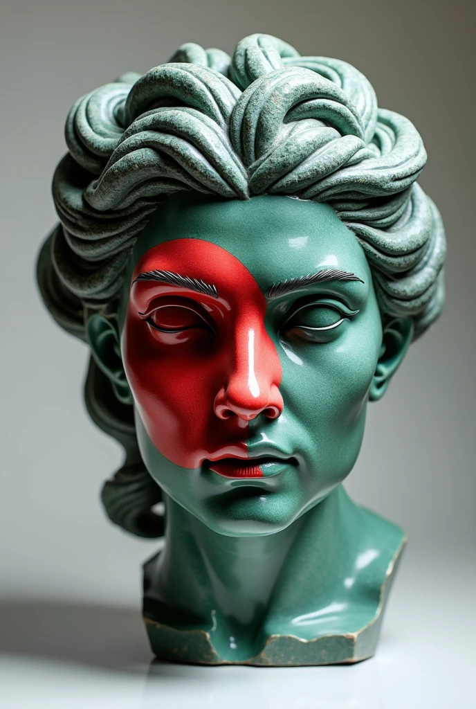 Medusas face marble sculpture with the face painted as bangladeshi flag