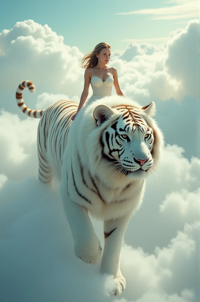 An impressionistic image of a beautifull woman astride an enormous white tiger soaring amidst the clouds. The scene is filled with swirling,dreamlike effects that enhance the surreal atmosphere. The composition uses rule of thirds to frame the girl and her majestic mount. Soft focus and a pastel color palette create a fantastical ambiance. Shot with a fisheye lens for a wide-angle perspective.,