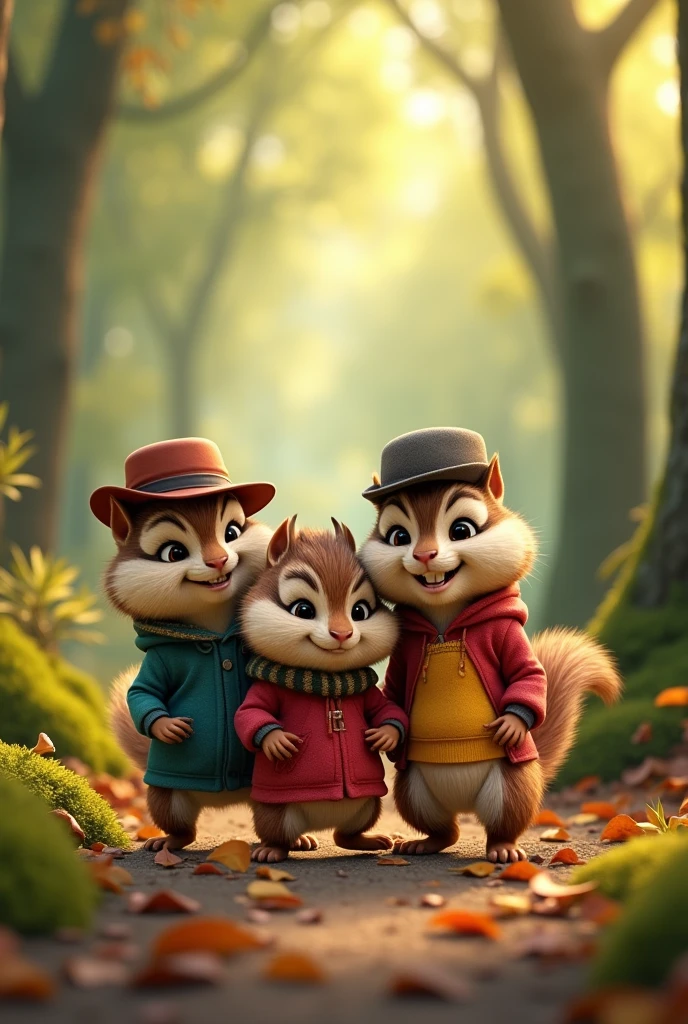 3 Alvin and the Chipmunk style squirrels. The squirrels' names must be Isa, Lara and Sofia, squirrels must wear human clothes, two squirrels should be the same size and the older one should be a little bigger