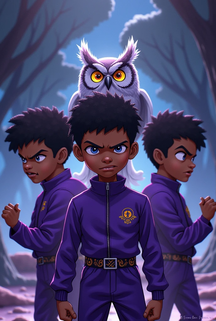 アニメ,three angry black boys dressed in purple and an owl