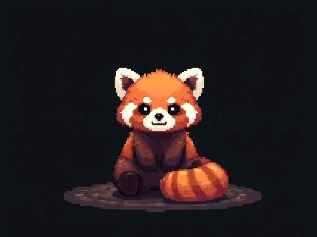 Pixel art, 16-bit style, 256x256, limited color palette, cute, small, red panda, far away, sitting pose, looking directly at the viewer, playful expression, fluffy tail curled around its body, big ears, dark brown eyes, black nose, solid black background. (Generate a 16-bit style pixel art image of a cute, small red panda sitting in a playful pose. The red panda should be far away, giving the impression of being in the distance. It should be looking directly at the viewer with a playful expression. Its fluffy tail should be curled around its body. The red panda should have big ears, dark brown eyes, and a black nose. The image should be 256x256 pixels and use a limited color palette. The background should be completely solid black.)
