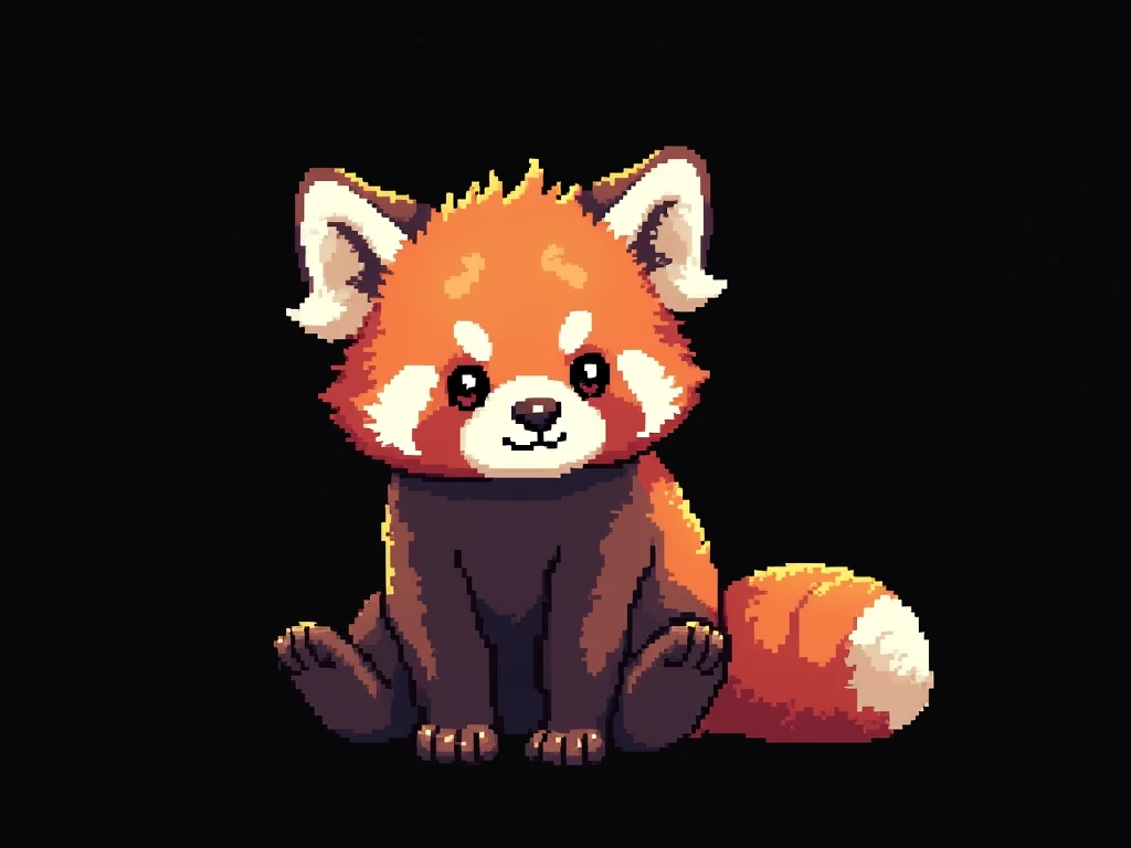 Pixel art, 16-bit style, 256x256, limited color palette, cute, small, red panda, far away, sitting pose, looking directly at the viewer, playful expression, fluffy tail curled around its body, big ears, dark brown eyes, black nose, solid black background. (Generate a 16-bit style pixel art image of a cute, small red panda sitting in a playful pose. The red panda should be far away, giving the impression of being in the distance. It should be looking directly at the viewer with a playful expression. Its fluffy tail should be curled around its body. The red panda should have big ears, dark brown eyes, and a black nose. The image should be 256x256 pixels and use a limited color palette. The background should be completely solid black.)