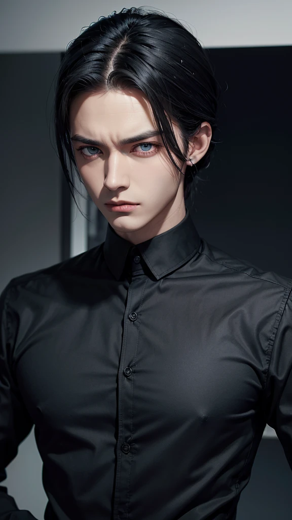 man, black slicked hair, dark blue eyes, wearing black longsleeve shirt, handsome, serious, dominant, manhwa, realitic, poster, detailed, best quality