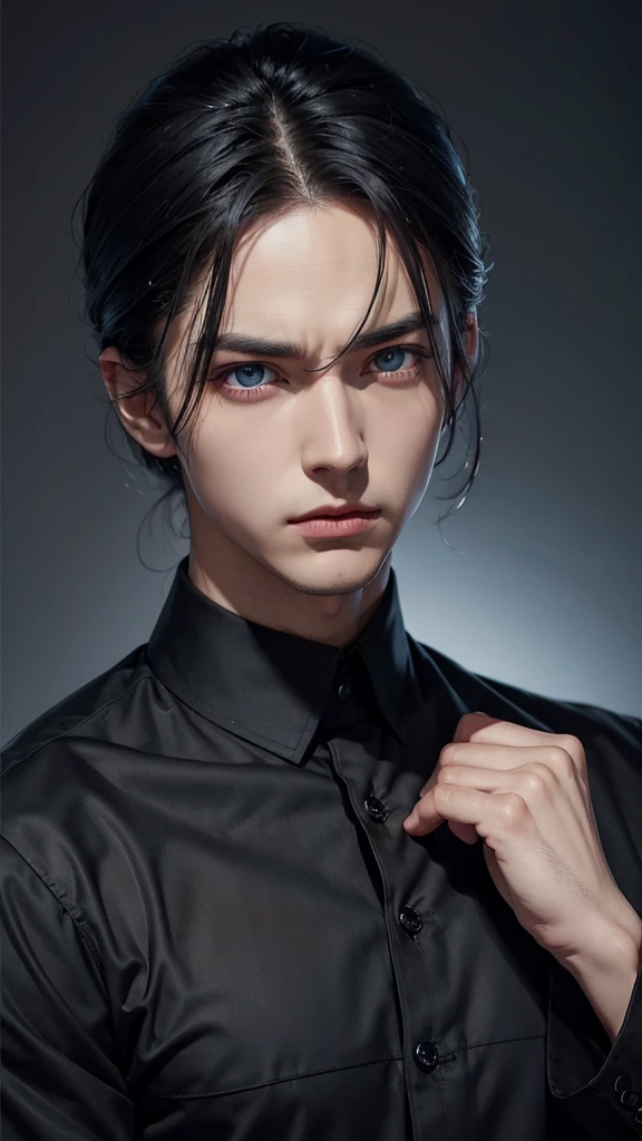 man, black slicked hair, dark blue eyes, wearing black longsleeve shirt, handsome, serious, dominant, manhwa, realitic, poster, detailed, best quality