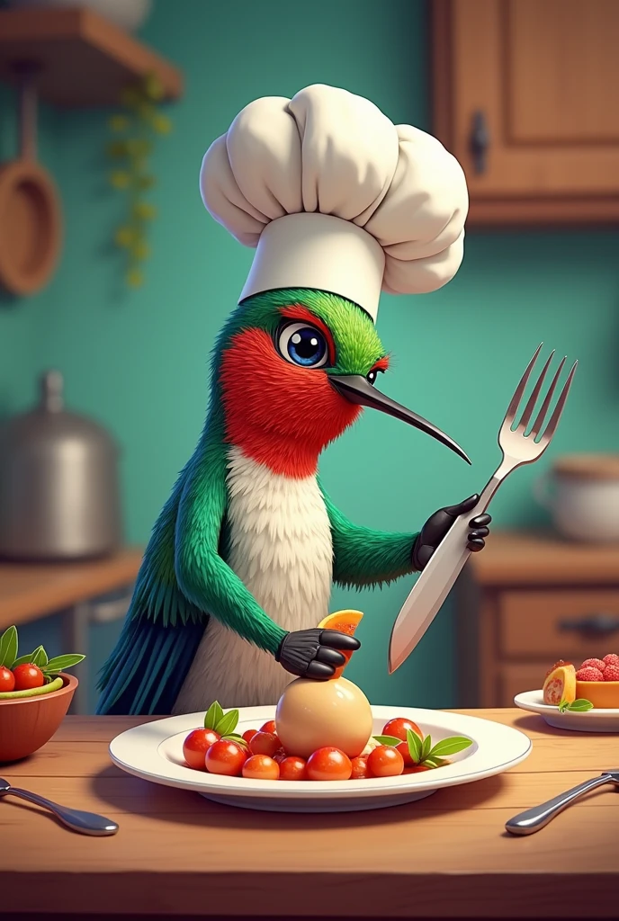 Hummingbird chef holding a knife and fork to eat or prepare something that looks animated or drawn not realistically