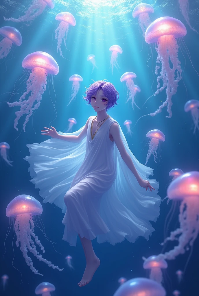Jellyfish surrounding anime purple haired guy in underwater