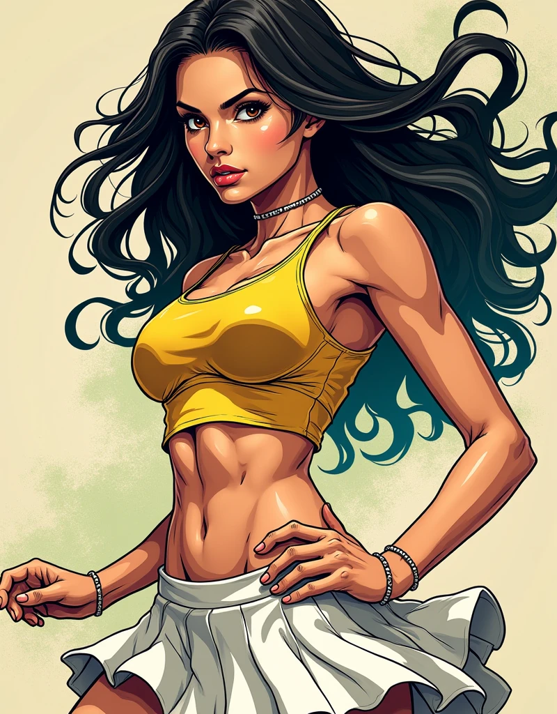 “Vector t-shirt design, inspired by a color comic book style from Kentaro Miura, featuring ‘Brazilian 1Girl’ captured in mid-action wearing a stylish tennis outfit. Her attire consists of a snug, form-fitting top and a short, flared skirt that accentuates her athletic physique. The dynamic pose and graceful movement should be brought to life through Miura’s signature highly detailed and intricate line work, with dramatic shading and intense, expressive style. Emphasize her curves and add a powerful, ethereal quality to the design, capturing both the strength and elegance of the character. The overall composition should be enhanced with more detail, making it a visually striking and captivating t-shirt design.”