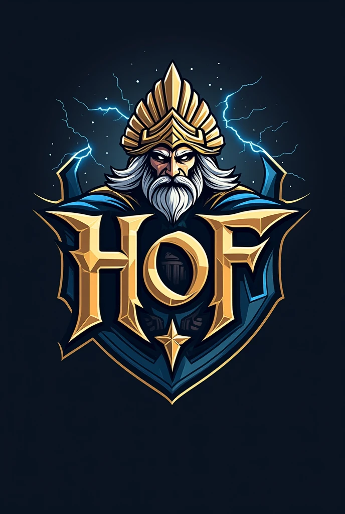 I want a logo for my gaming clan, that refers to a hall of fame that says hall of fame in English, can lead to Gods of Greek mythology, The logo must have the initials “HOF” don’t forget that it’s important, The previous logo you made me was very realistic, I want it to be for my gaming clan, that is not very realistic and that leads to some god Zeus Odin or Thor, that refers to a hall of fame, that the image is of high quality