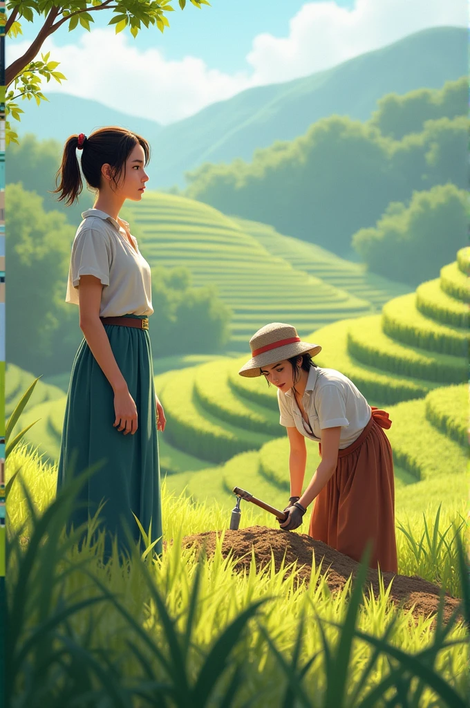 Two women in the field,One is looking at the terraces with curiosity, the other one is working nearby