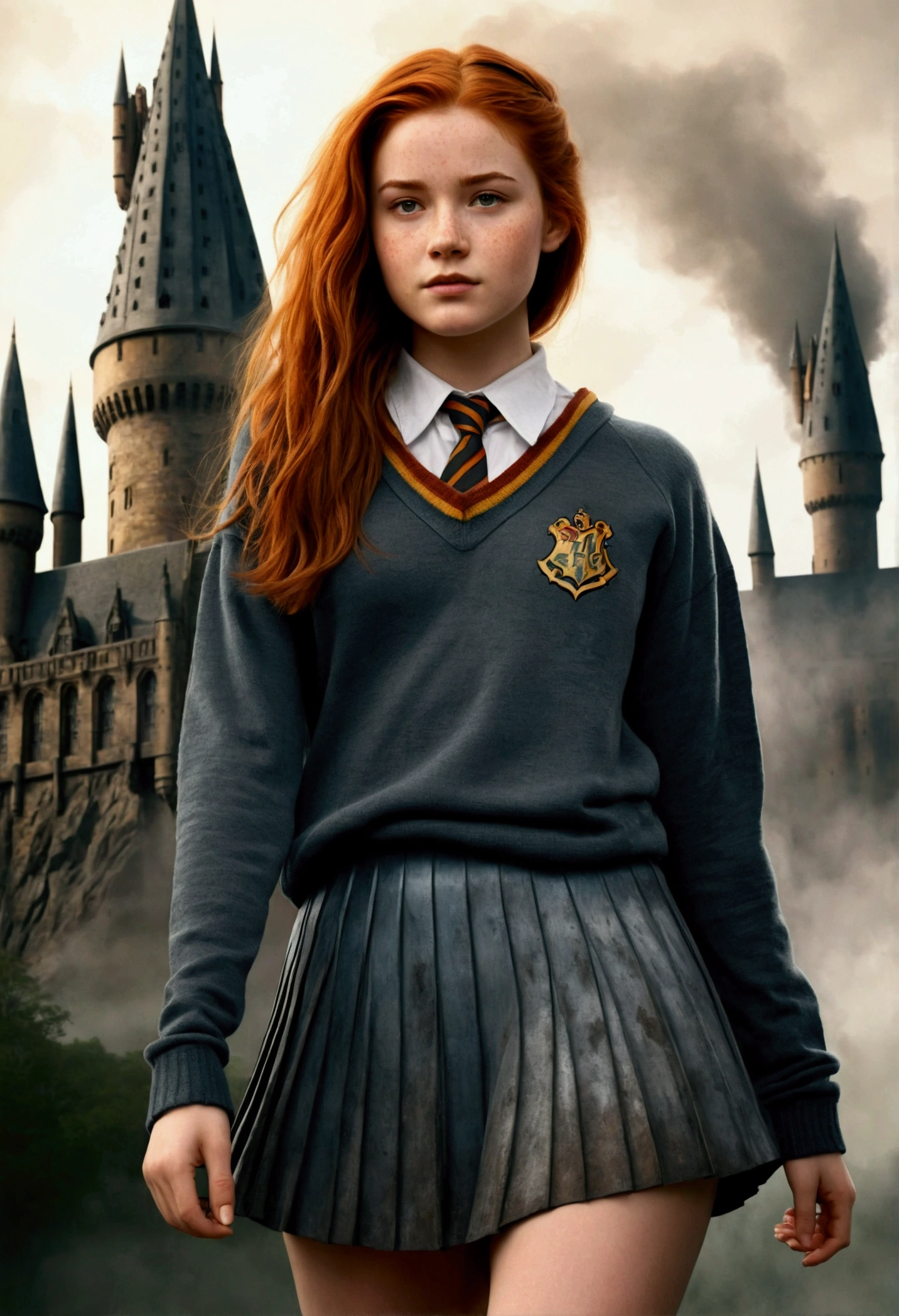 An illustrated movie poster, hand-drawn, full color, a female Hogwarts student, 18 years old, wearing a charcoal sweater and a pleated skirt, tall, toned, amazonian stature, athletic hourglass figure, full wide hips, massive round butt, long shapely legs, ridiculously thick powerful thighs, auburn hair, messy ponytail, flushed sun-kissed complexion, freckles, resembkes Katen Gillan, standing in front of Hogwarts Castle, surrounded by mist, graphite shading, stencil marks, airbrushed acrylic paint, masterpiece, in the Deathly Hallows