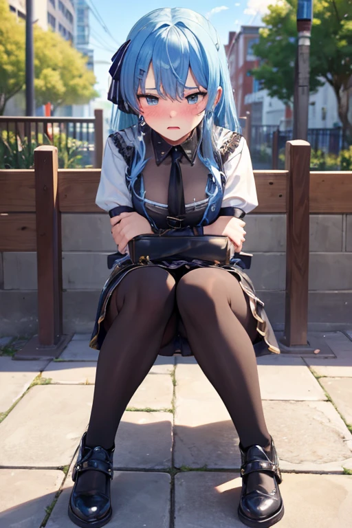 (masterpiece), best quality, expressive eyes, perfect face,nsfw:1.2,full body,annoyed,breathless,full-face blush,steam,embarrassed,shackles,restrained:1.1,pillory:1.1,outdoors,crossed arms