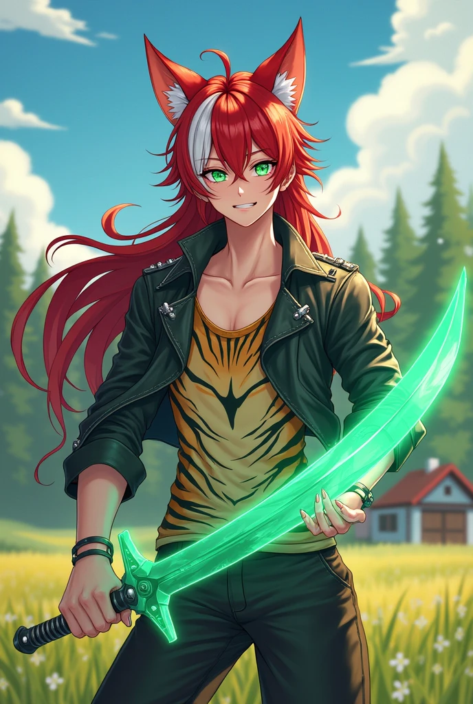 create a male anime character with cat ears human face, long and full red and white mixed hair, greeneyes, hands with long nails wearing a tank top with a tiger print, and a leather jacket with needle-like ornaments on the shoulders, anime style pants full of pockets in blue and green, using a broad sword in the shape of a half moon with energy surrounding it shining in emerald green with 3 fox tails living in an open field with a forest in the background and a small house nearby, the whole sword in the picture