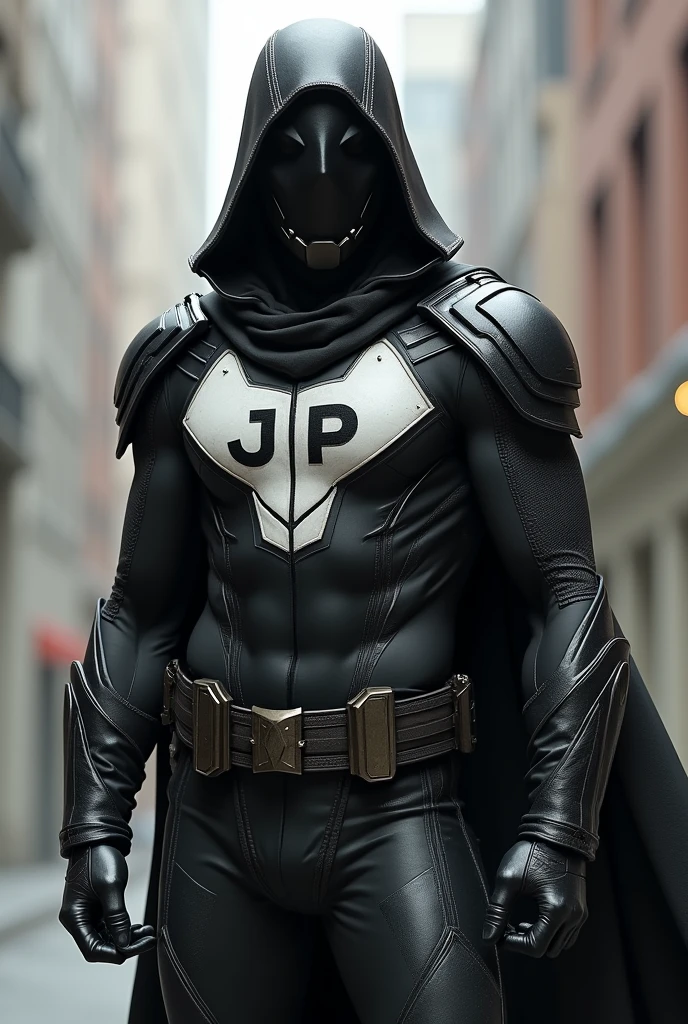 create a superhero with a uniform that mixes soldier and ninja and the uniform has a jp on the chest of the uniform and the color is black and white of the uniform