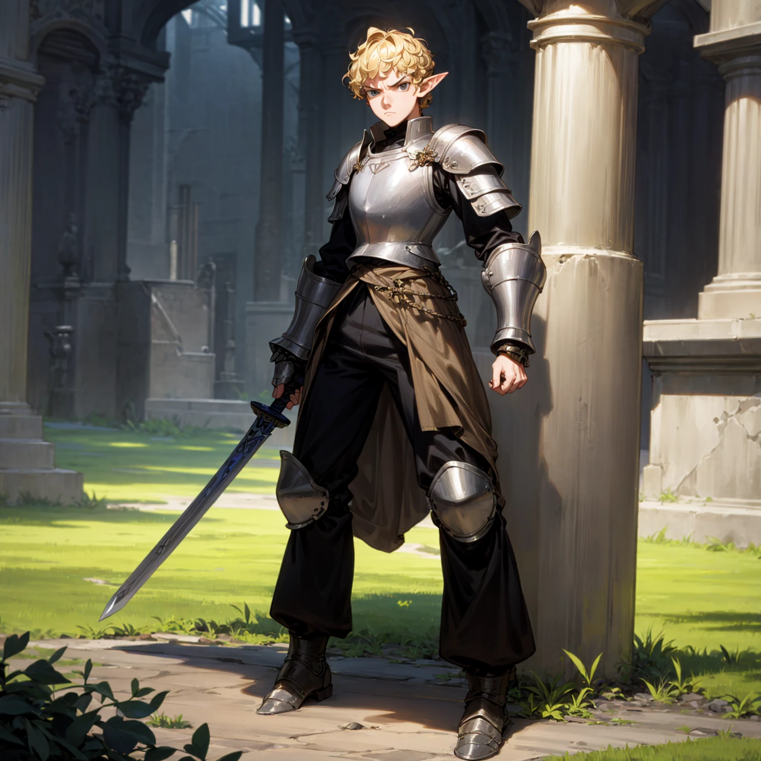 Solo character, full body version, man, tall height, (elf), black eyes, blonde color hair, Curly haircut, soldier knight clothing, heavy armored, long pants, boots, outdoor, town, medieval, standing gesture, detailed background, detailed clothing, detailed hair, (one piece style art), sword in hand, angry eyes