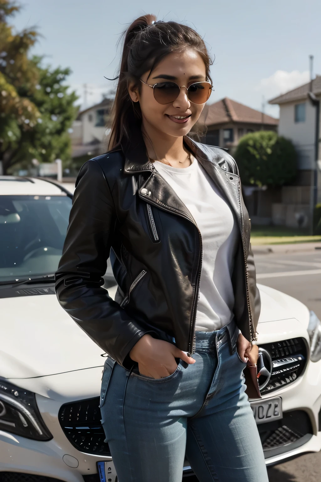 ((best quality)), ((masterpiece)), (detailed), 
A 21 year old beautiful Indian girl with long hair smiling face beautiful eyes wearing brown leather jacket and jeans pant standing in front of her own Mercedes Benz car ponytail hairstyle wearing sunglasses in eyes full pic 