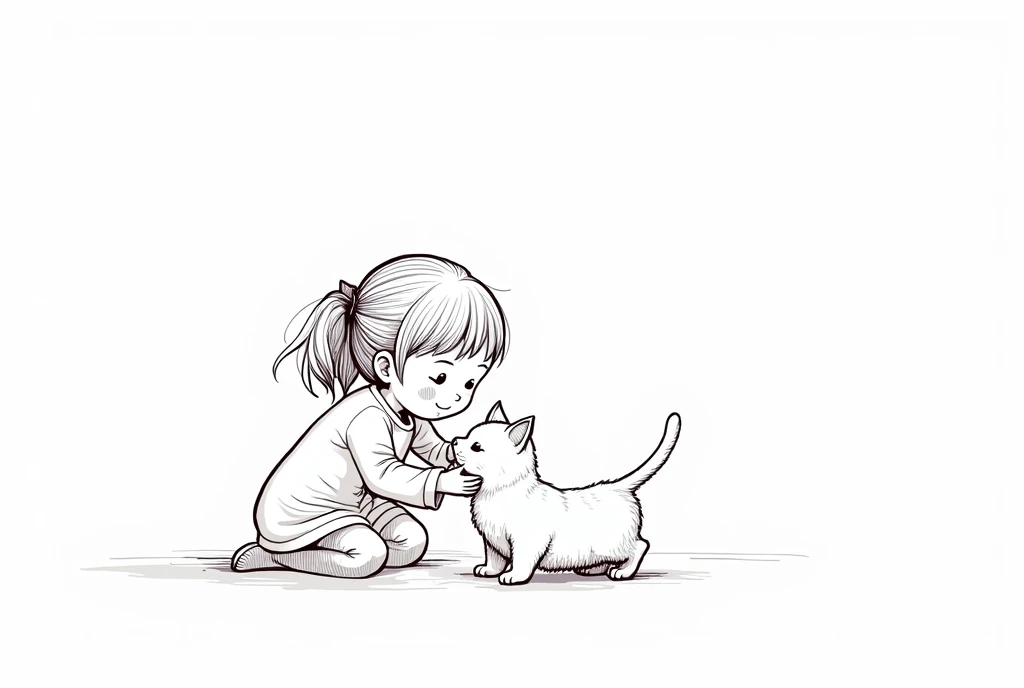 One continuous line drawing of a girl playing with a cat