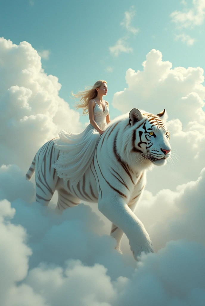 An impressionistic image of a beautifull woman astride an enormous white tiger soaring amidst the clouds. The scene is filled with swirling,dreamlike effects that enhance the surreal atmosphere. The composition uses rule of thirds to frame the girl and her majestic mount. Soft focus and a pastel color palette create a fantastical ambiance. Shot with a fisheye lens for a wide-angle perspective.,