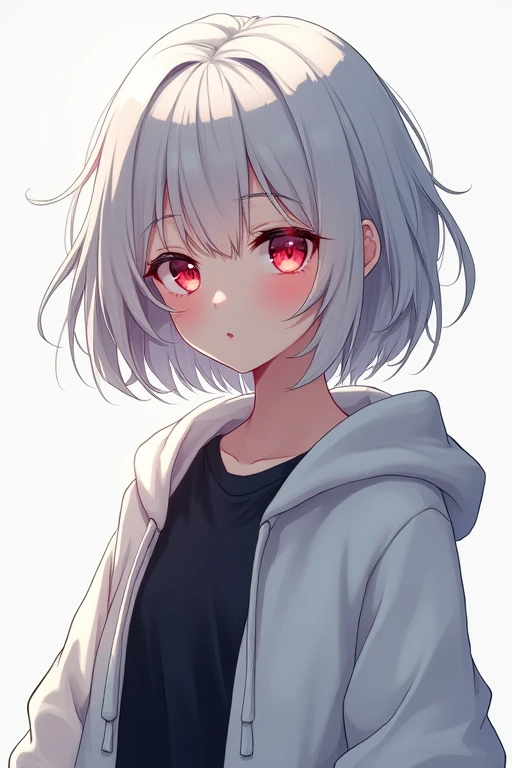 A beautiful anime girl with short white hair, red eyes and wearing a white hoodie over a black shirt