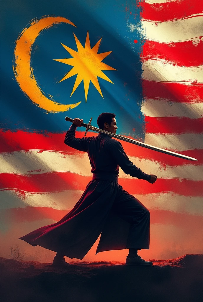 A swordsman hanging on the background of the Malaysian flag
