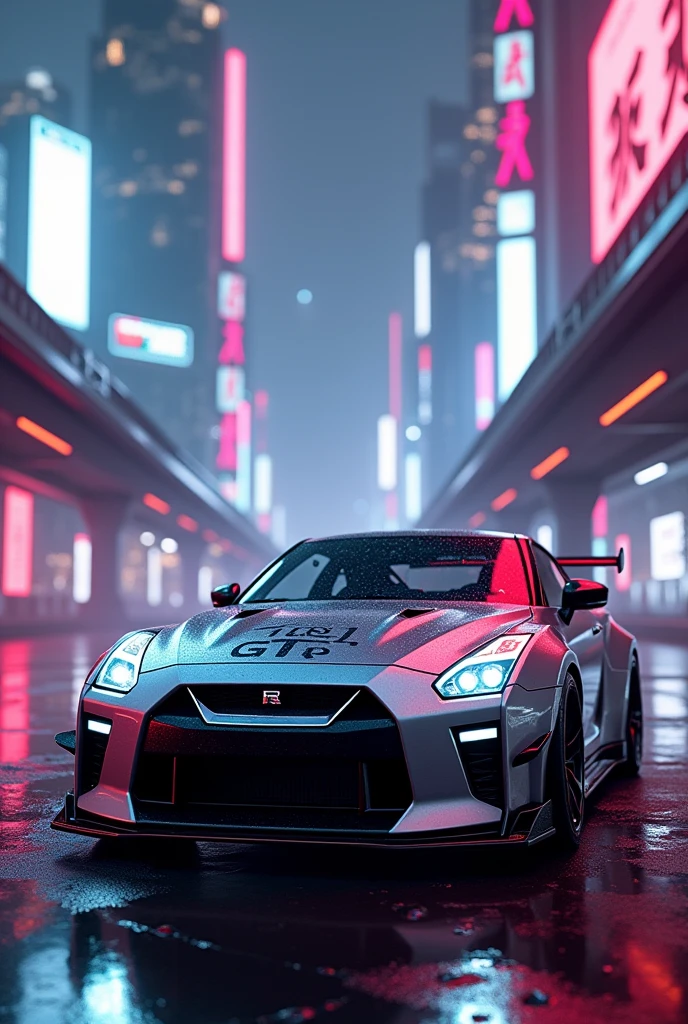 A Nissan GTR in cyber punk city with neon lights
The colour of car is metalic grey and in the bonat write Aaditya weeds sital