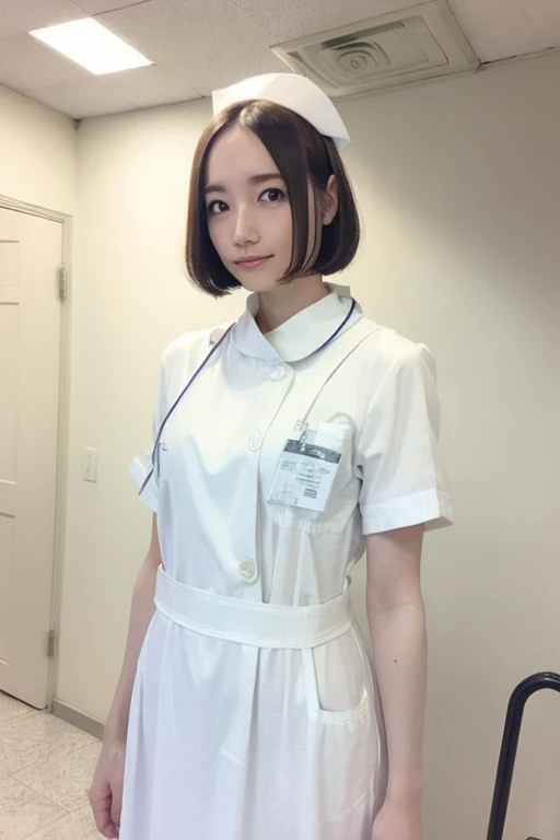 woman, alone, (Wearing white nurse clothes:1.2), (Bobcut), Shortcuts,bangs, Black Hair, nurse, Perfect Anatomy, nurse uniform, (Nurse cap), (White costume), Long skirt, hospital, full body,