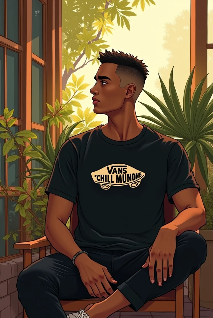 (photorealism:1.2), A brown skin handsome gentlemen, sitting on balcony, wearing black t shirt with a writing says Vans Chill Muno, vans long black pants, low fade normal black hair, neat no untidy hair style, smooth pose, outdoors, soft lighting, plants in background, with view of sunlight, ccozy day, relaxed pose, realistic, intricate details, warm colors, by Greg Rutkowski, by Alphonse Mucha