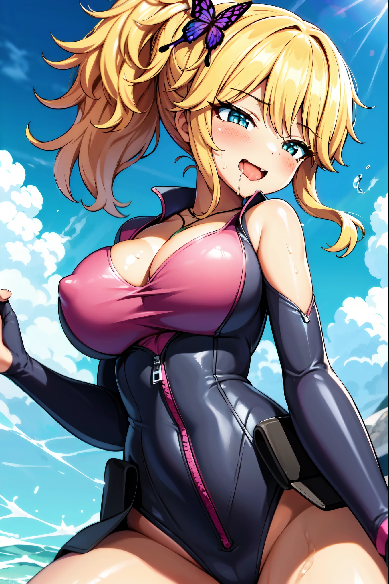 （（super high quality,Ultra-high resolution,16K,super masterpiece,Ultra HD,Ultra high definition,））One Girl,A bright and shiny pink wetsuit,Zipper open to chest,Large collar,Tight collar,popped collar,Butterfly shaped light blue necklace,Looking at the camera,Provocative smile,blush,Drooling,Leaning forward greatly,Grab your breasts and crotch with your hands,Spread your legs wide,Sweaty all over,Overflowing love juice,Top-down angle,a blue sky with clouds and sun,A lot of water splashing from below,