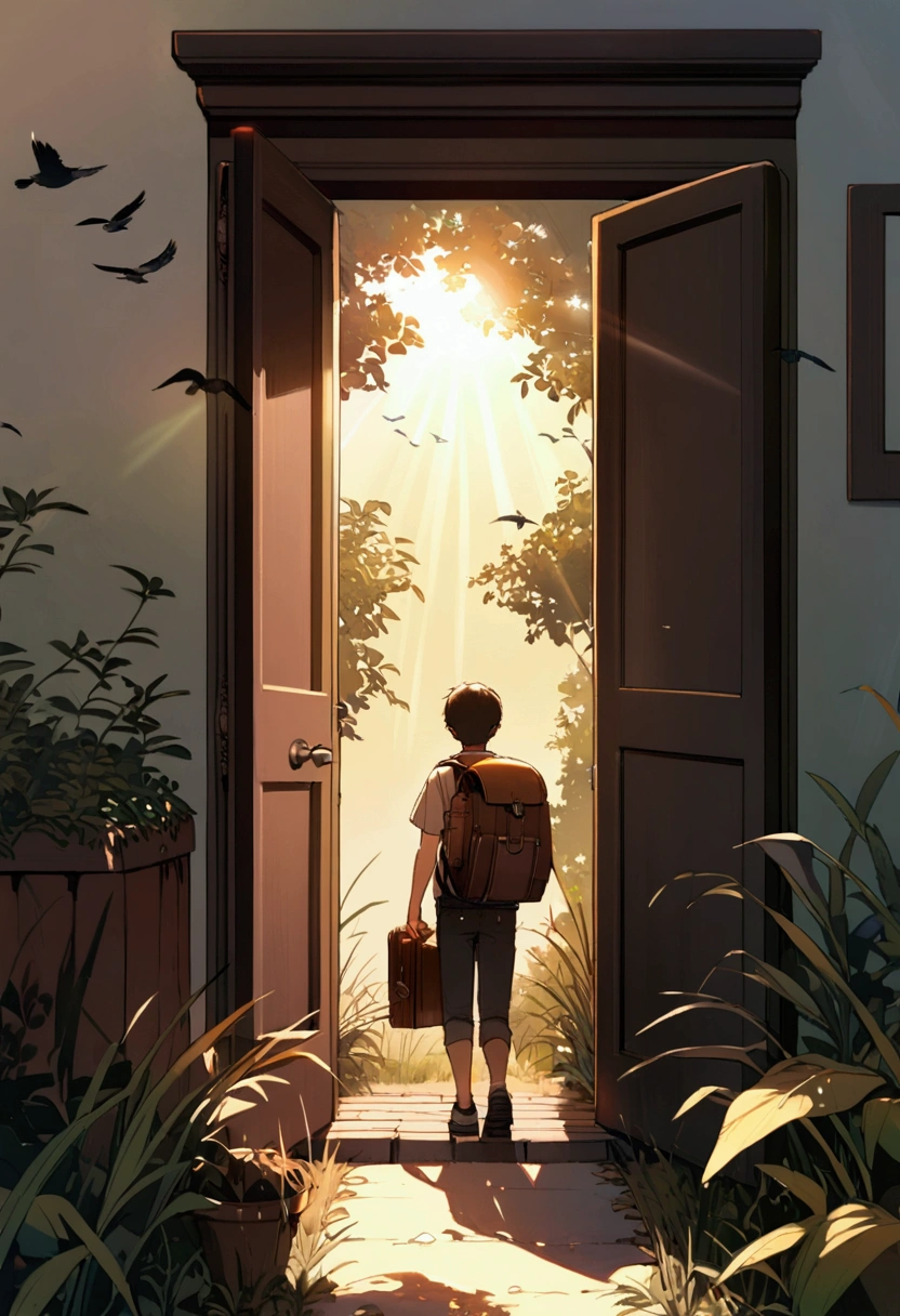 A boy with suitcase and backpack, entering a door, grasses and leaves, sun rays, birds