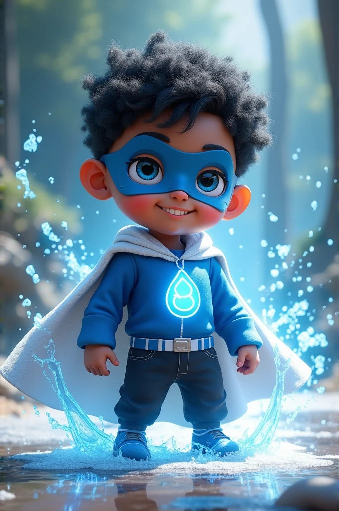 Create an image of a child with water powers, This child wears a costume with a blue shirt with the symbol of a white drop in the middle, he wears a blue mask with white eyes, and also wears black pants with a white cape, This child has brown skin, and black hair, He is a little chubby and is 1 meter 50, he has short, coarse hair.