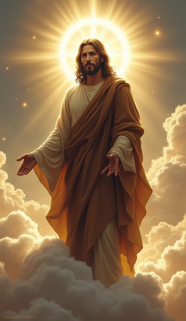 Jesus standing on a cloud with a halo around him, dark brown clothes, eyes looking straight ahead, god concept art, inspired by Christophe Vacher, wlop and rhads, Greg Olsen, Jon McNaughton, by Christophe Vacher, concept art | rhads, Marc Adams, Peter Mohrbacher Donato Giancola, the omnipotent, divine and ethereal young god